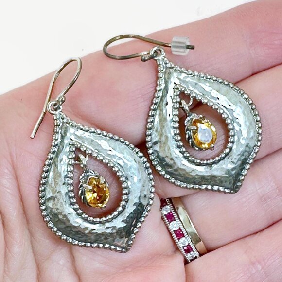 Vintage Citrine Earrings Sterling Silver: Israel Modern Dangle Boho - Picture 2 of 3